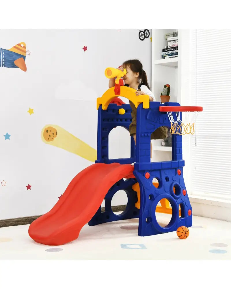 6-in-1 Freestanding Kids Slide with Basketball Hoop and Ring Toss - Multicolor - Climbers & Slides