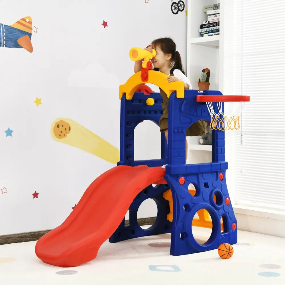 6-in-1 Freestanding Kids Slide with Basketball Hoop and Ring Toss - Multicolor - Climbers & Slides