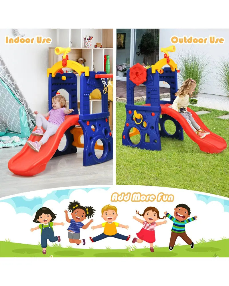 6-in-1 Freestanding Kids Slide with Basketball Hoop and Ring Toss - Multicolor - Climbers & Slides
