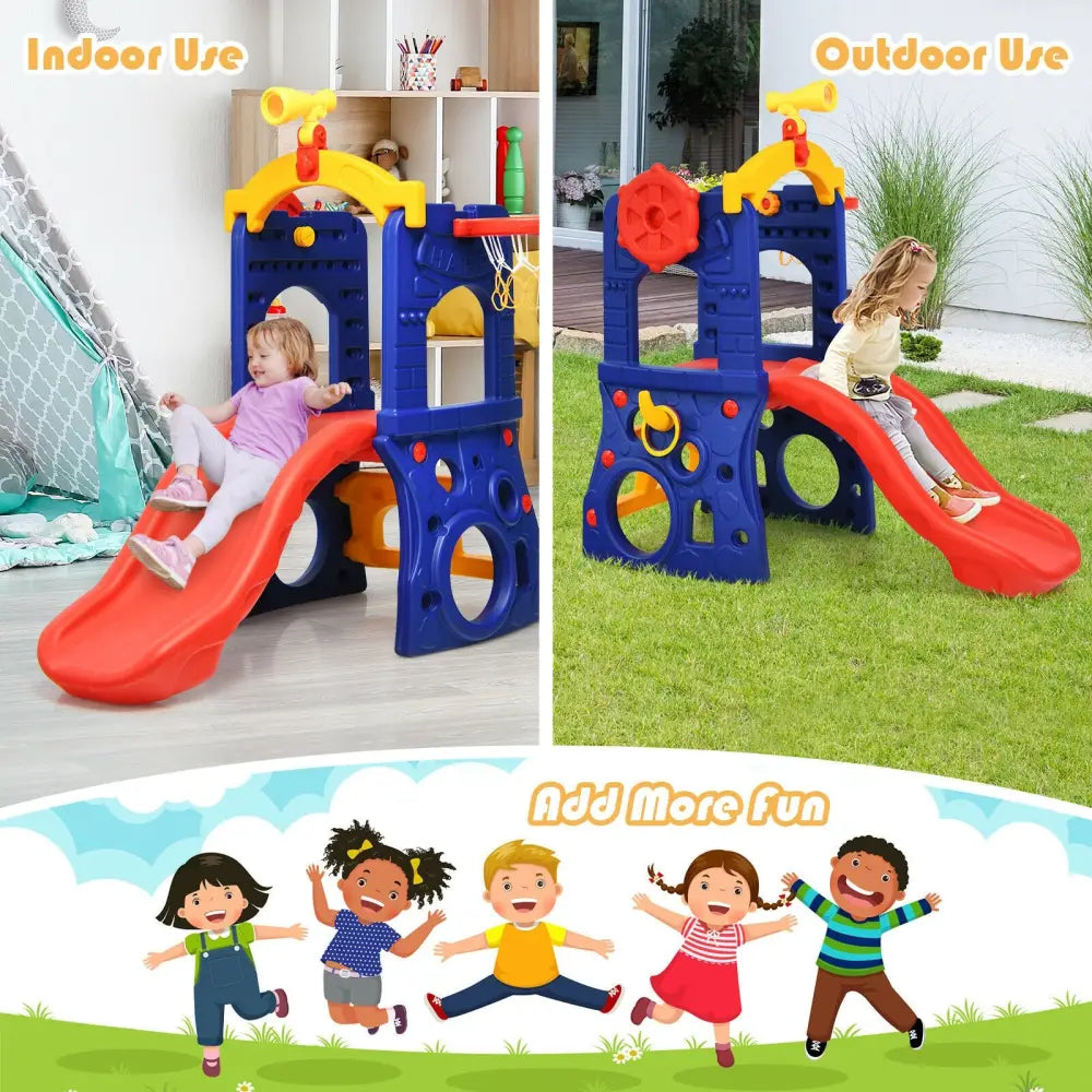 6-in-1 Freestanding Kids Slide with Basketball Hoop and Ring Toss - Multicolor - Climbers & Slides
