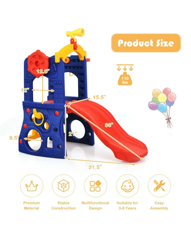 6-in-1 Freestanding Kids Slide with Basketball Hoop and Ring Toss - Multicolor - Climbers & Slides