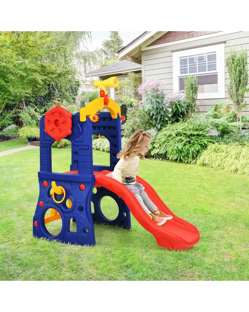 6-in-1 Freestanding Kids Slide with Basketball Hoop and Ring Toss - Multicolor - Climbers & Slides