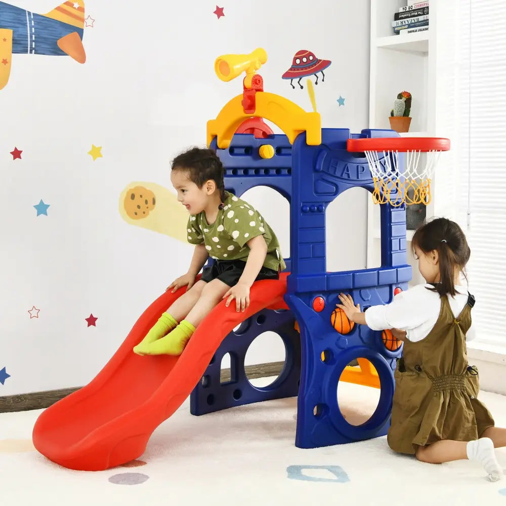 6-in-1 Freestanding Kids Slide with Basketball Hoop and Ring Toss - Multicolor - Climbers & Slides