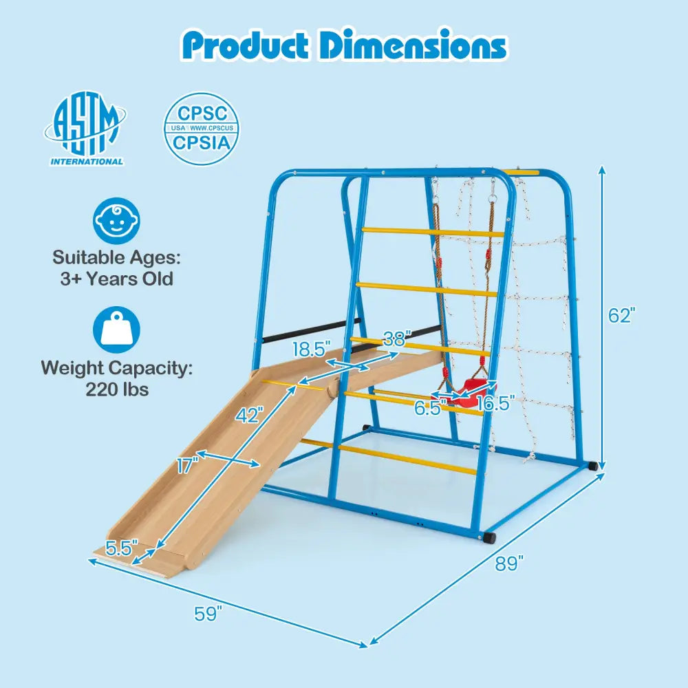 6-in-1 Indoor Jungle Gym with Slide for Boys and Girls 3+ Years Old-Blue - Blue - Climbers & Slides