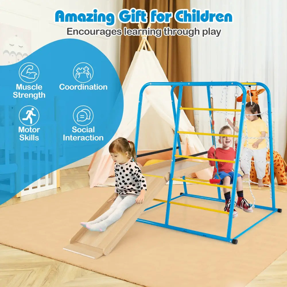 6-in-1 Indoor Jungle Gym with Slide for Boys and Girls 3+ Years Old-Blue - Blue - Climbers & Slides