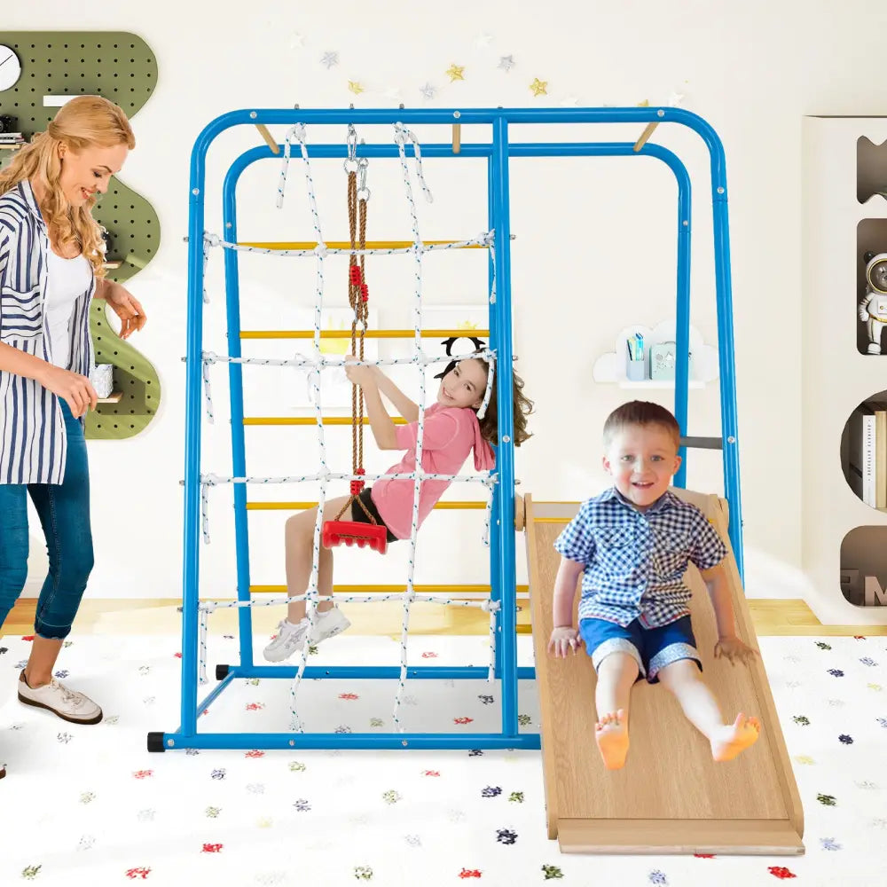 6-in-1 Indoor Jungle Gym with Slide for Boys and Girls 3+ Years Old-Blue - Blue - Climbers & Slides