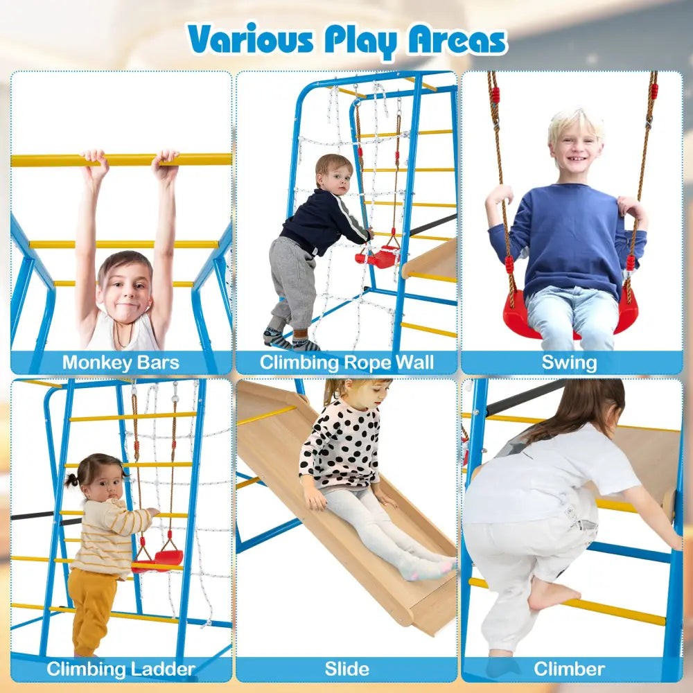 6-in-1 Indoor Jungle Gym with Slide for Boys and Girls 3+ Years Old-Blue - Blue - Climbers & Slides