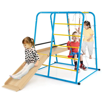 6-in-1 Indoor Jungle Gym with Slide for Boys and Girls 3+ Years Old-Blue - Blue - Climbers & Slides