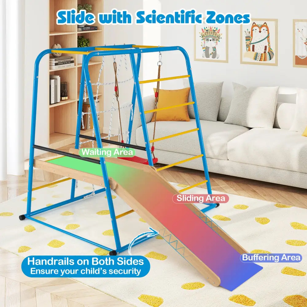 6-in-1 Indoor Jungle Gym with Slide for Boys and Girls 3+ Years Old-Blue - Blue - Climbers & Slides