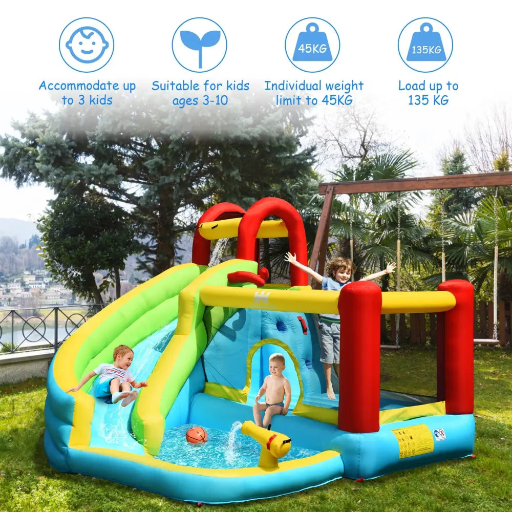 6-in-1 Inflatable Bounce House with Climbing Wall and Basketball Hoop without Blower - Inflatable Water Slides