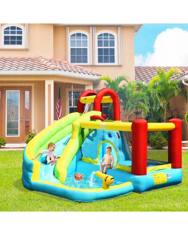 6-in-1 Inflatable Bounce House with Climbing Wall and Basketball Hoop without Blower - Inflatable Water Slides