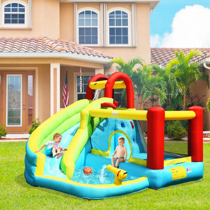 6-in-1 Inflatable Bounce House with Climbing Wall and Basketball Hoop without Blower - Inflatable Water Slides