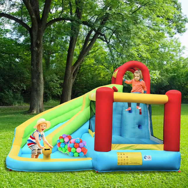 6-in-1 Inflatable Bounce House with Climbing Wall and Basketball Hoop with Blower - Multicolor - Inflatable Water Slides