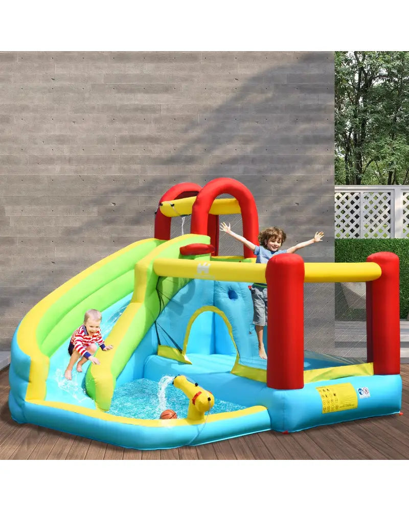 6-in-1 Inflatable Bounce House with Climbing Wall and Basketball Hoop without Blower - Inflatable Water Slides
