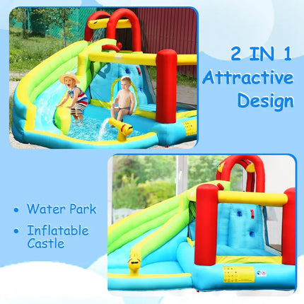 6-in-1 Inflatable Bounce House with Climbing Wall and Basketball Hoop without Blower - Inflatable Water Slides