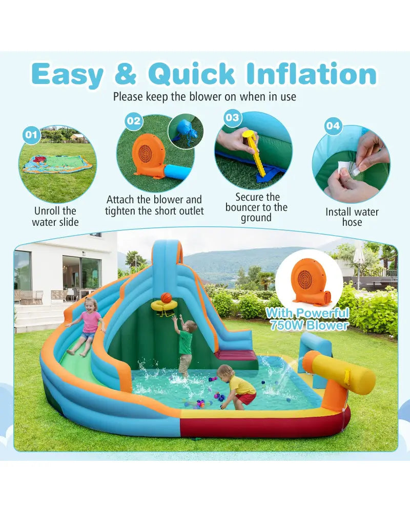 6-in-1 Inflatable Water Slide Park with 750W Blower for Yard - Multicolor - Inflatable Water Slides