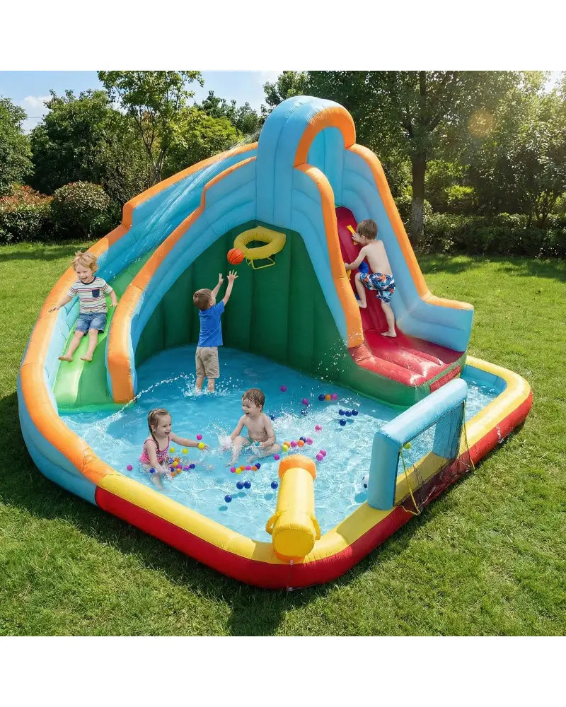 6-in-1 Inflatable Water Slide Park with 750W Blower for Yard - Multicolor - Inflatable Water Slides