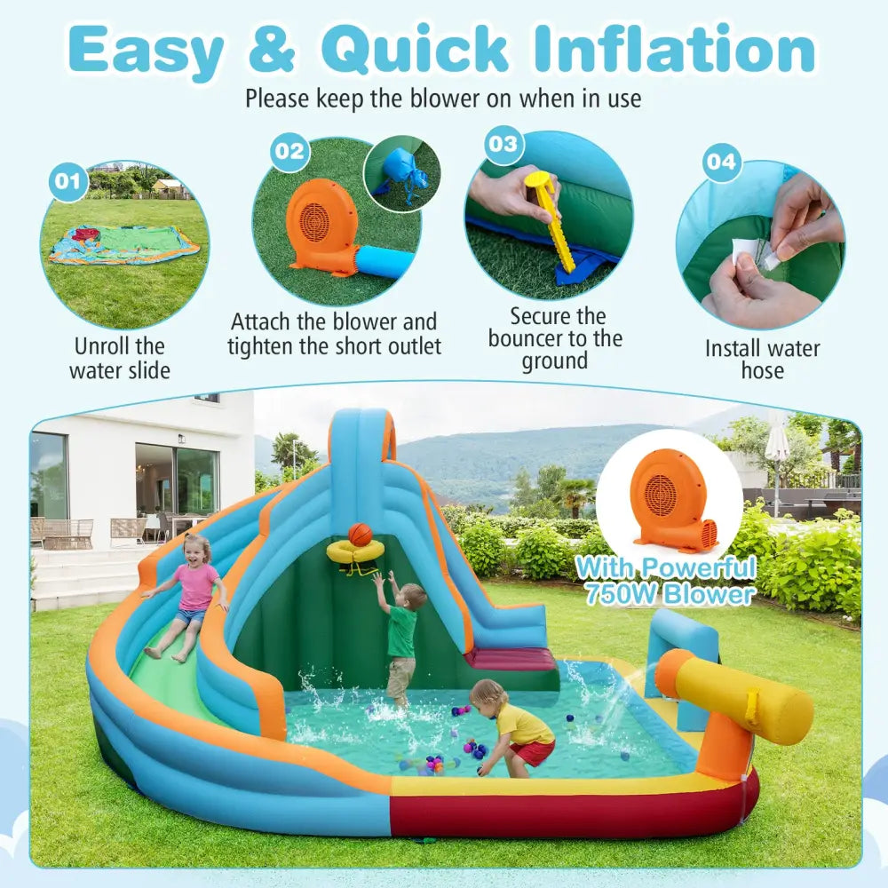 6-in-1 Inflatable Water Slide Park with 750W Blower for Yard - Multicolor - Inflatable Water Slides