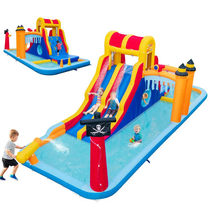 6-In-1 Inflatable Water Slide with Dual Slides and Cave Crawling Game without Blower - Multicolor - Inflatable Water