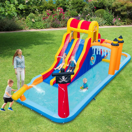 6-In-1 Inflatable Water Slide with Dual Slides and Cave Crawling Game without Blower - Multicolor - Inflatable Water