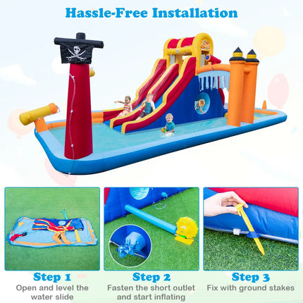 6-In-1 Inflatable Water Slide with Dual Slides and Cave Crawling Game without Blower - Multicolor - Inflatable Water