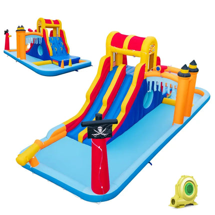 6-In-1 Inflatable Water Slide with Dual Slides Climbing Wall and Cave Crawling Game with 950W Blower - Multicolor