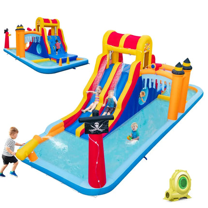 6-In-1 Inflatable Water Slide with Dual Slides Climbing Wall and Cave Crawling Game with 950W Blower - Multicolor