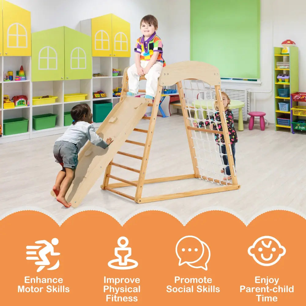 6-in-1 Jungle Gym Wooden Indoor Playground with Double-Sided Ramp and Monkey Bars-Natural - Natural - Climbers & Slides