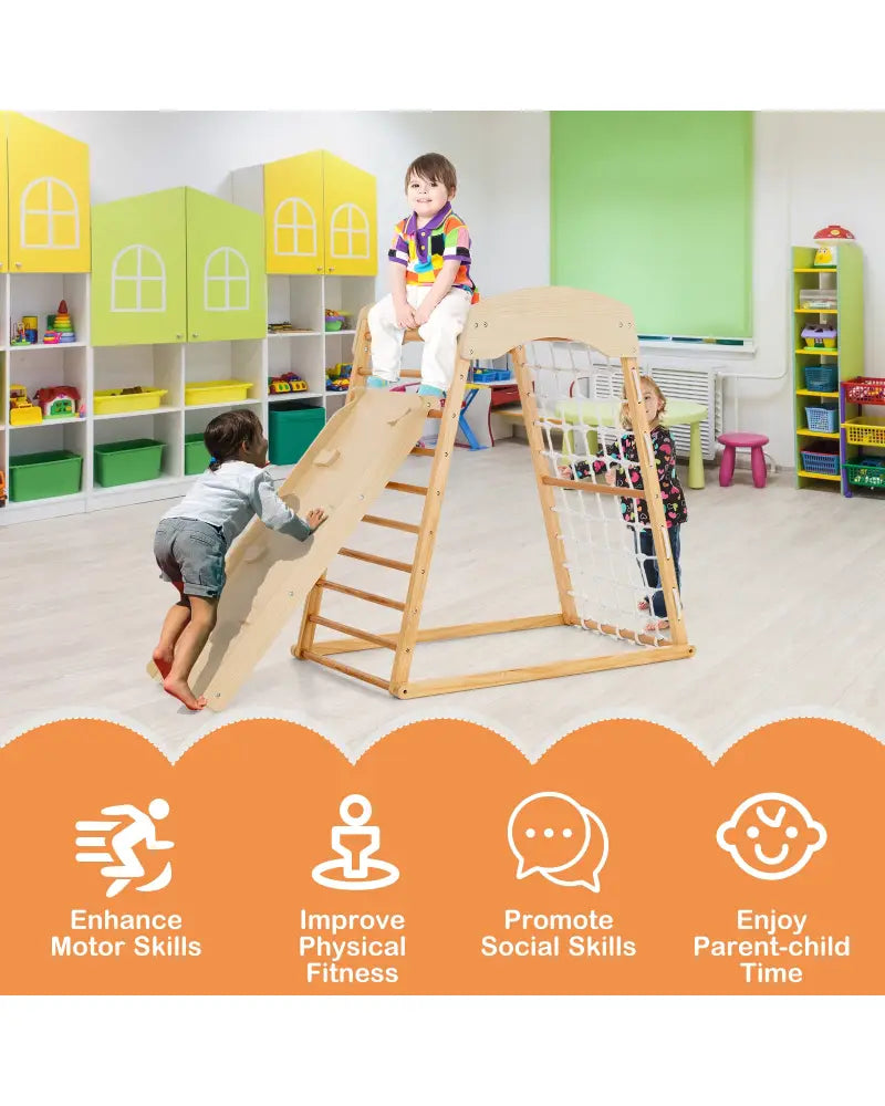 6-in-1 Jungle Gym Wooden Indoor Playground with Double-Sided Ramp and Monkey Bars-Natural - Natural - Climbers & Slides