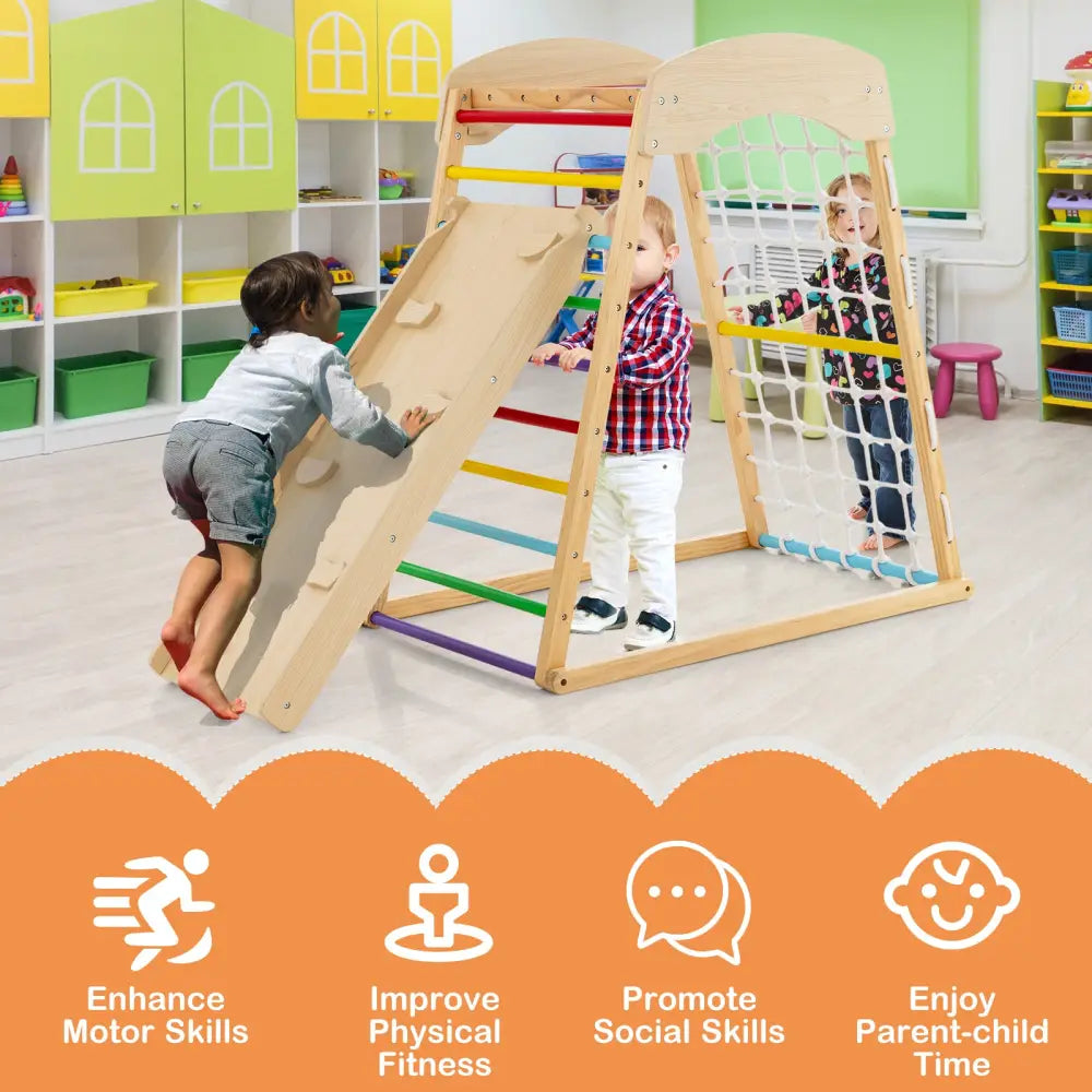 6-in-1 Jungle Gym Wooden Indoor Playground with Double-Sided Ramp and Monkey Bars-Multicolor - Multicolor - Climbers &