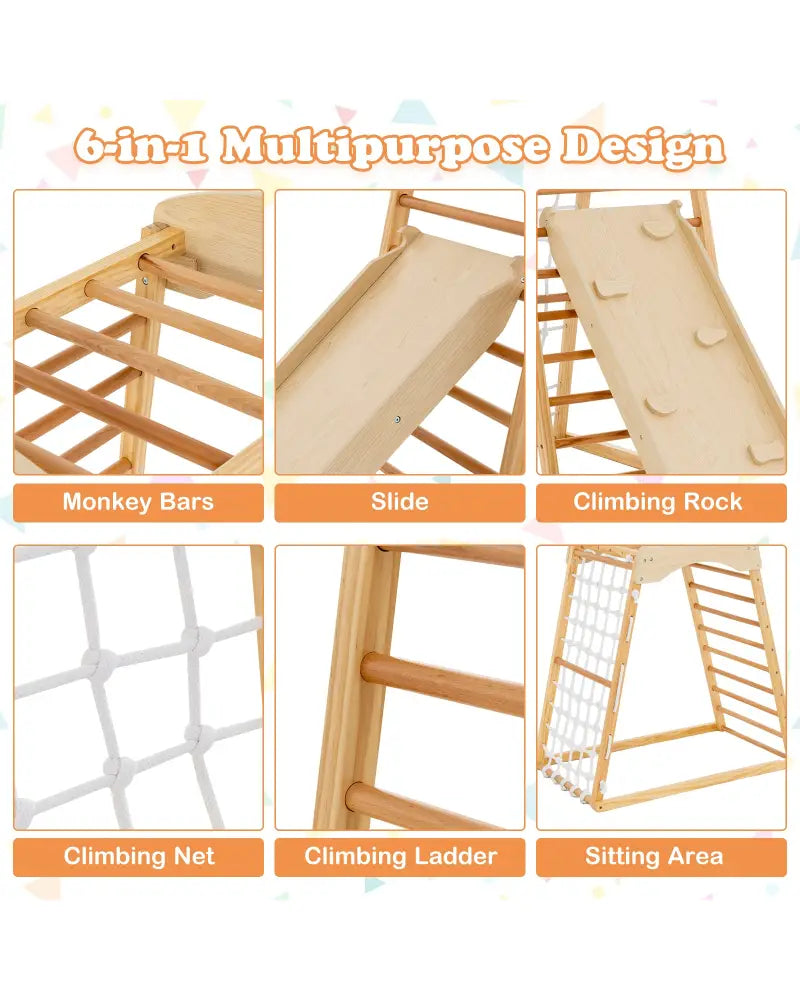 6-in-1 Jungle Gym Wooden Indoor Playground with Double-Sided Ramp and Monkey Bars-Natural - Natural - Climbers & Slides