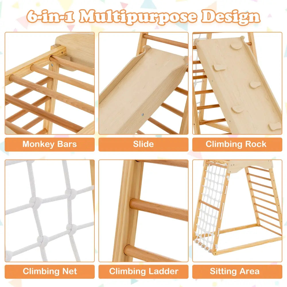 6-in-1 Jungle Gym Wooden Indoor Playground with Double-Sided Ramp and Monkey Bars-Natural - Natural - Climbers & Slides