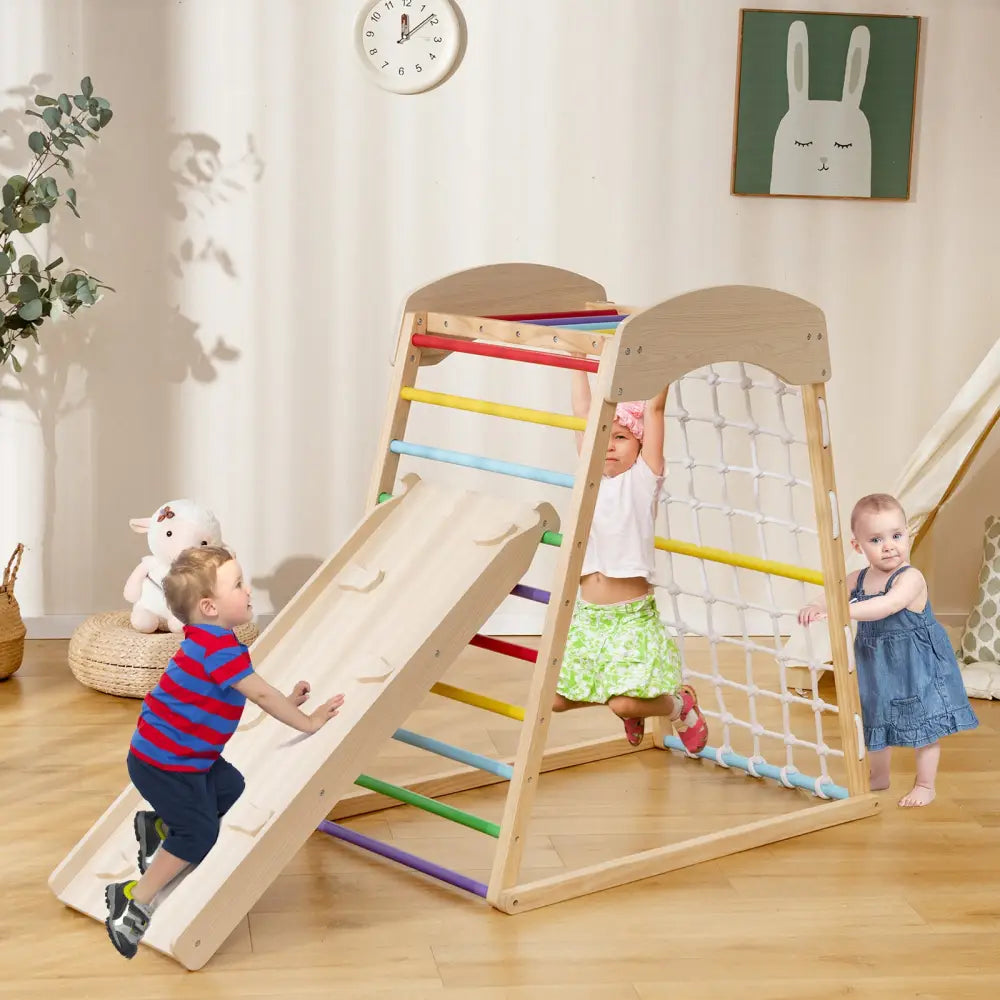6-in-1 Jungle Gym Wooden Indoor Playground with Double-Sided Ramp and Monkey Bars-Multicolor - Multicolor - Climbers &