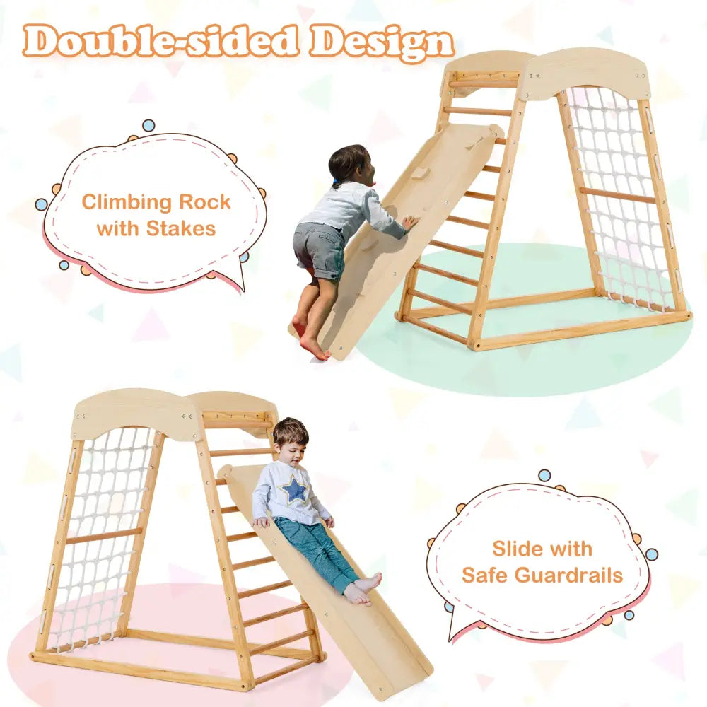 6-in-1 Jungle Gym Wooden Indoor Playground with Double-Sided Ramp and Monkey Bars-Natural - Natural - Climbers & Slides