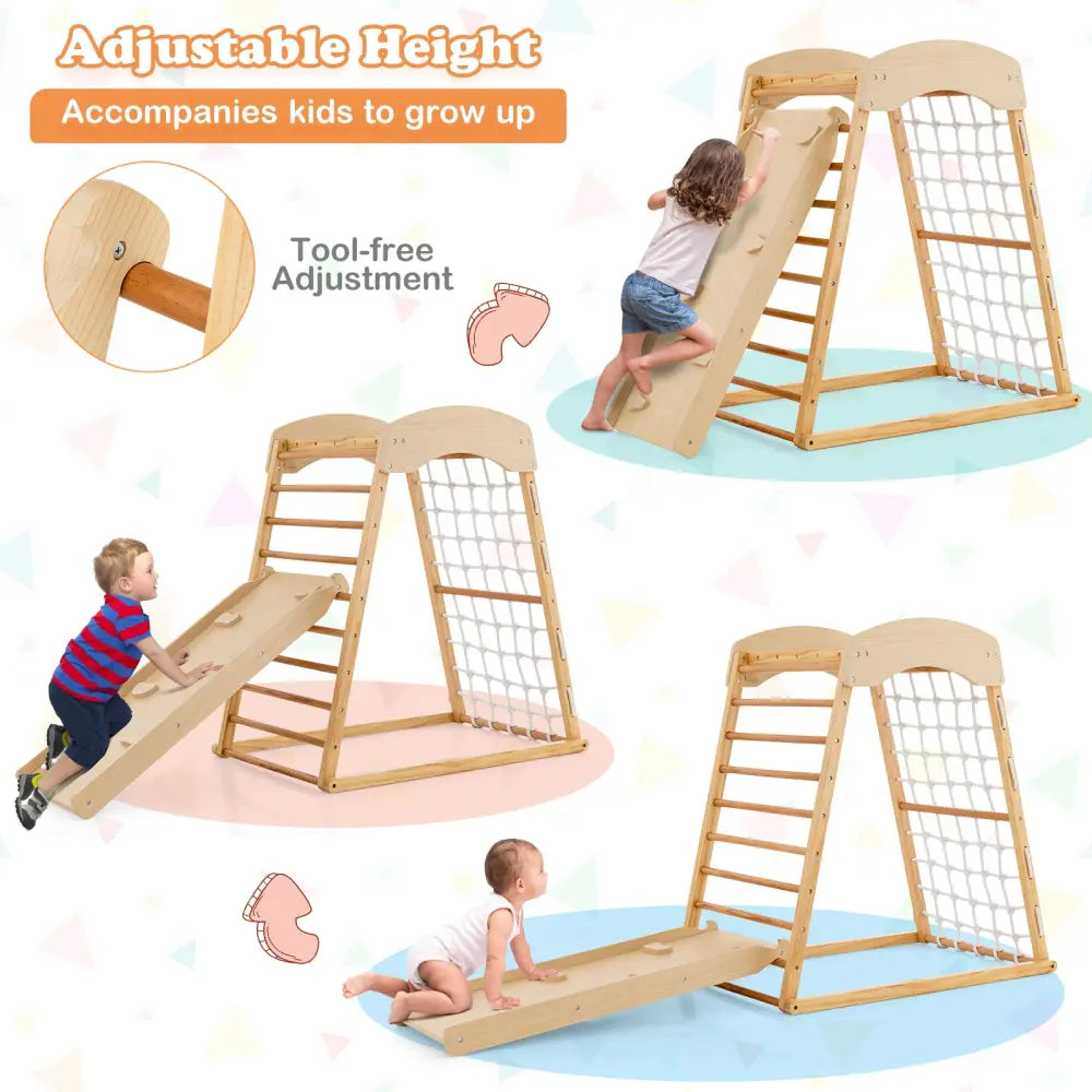6-in-1 Jungle Gym Wooden Indoor Playground with Double-Sided Ramp and Monkey Bars-Natural - Natural - Climbers & Slides