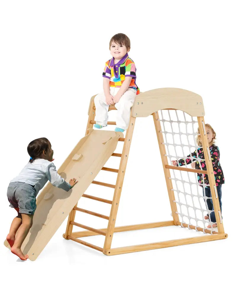 6-in-1 Jungle Gym Wooden Indoor Playground with Double-Sided Ramp and Monkey Bars-Natural - Natural - Climbers & Slides