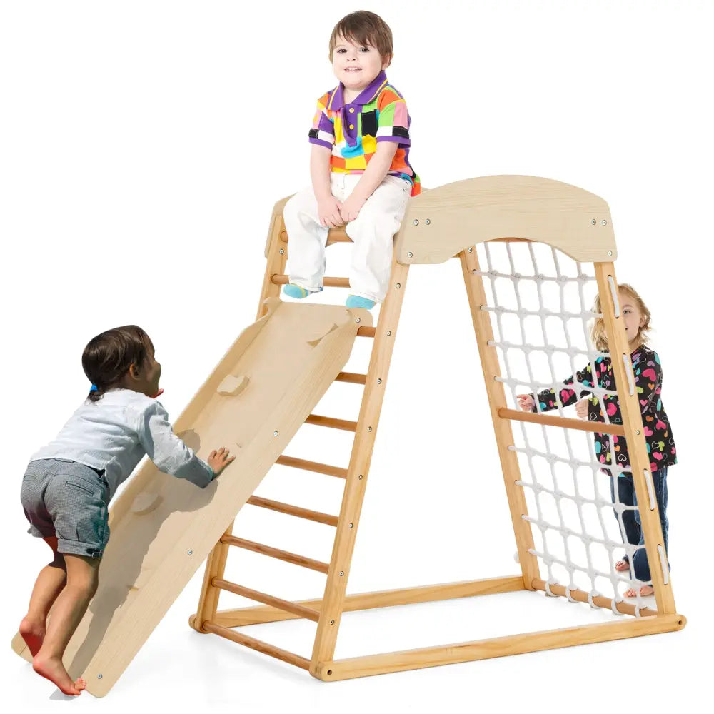 6-in-1 Jungle Gym Wooden Indoor Playground with Double-Sided Ramp and Monkey Bars-Natural - Natural - Climbers & Slides