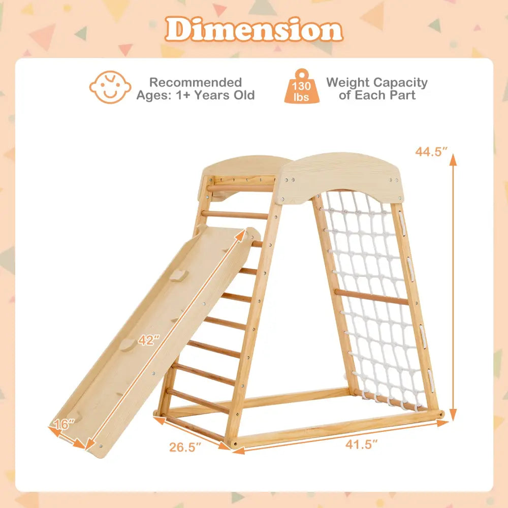 6-in-1 Jungle Gym Wooden Indoor Playground with Double-Sided Ramp and Monkey Bars-Natural - Natural - Climbers & Slides