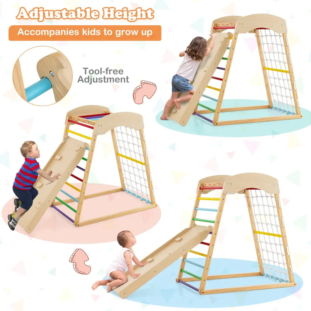 6-in-1 Jungle Gym Wooden Indoor Playground with Double-Sided Ramp and Monkey Bars-Multicolor - Multicolor - Climbers &