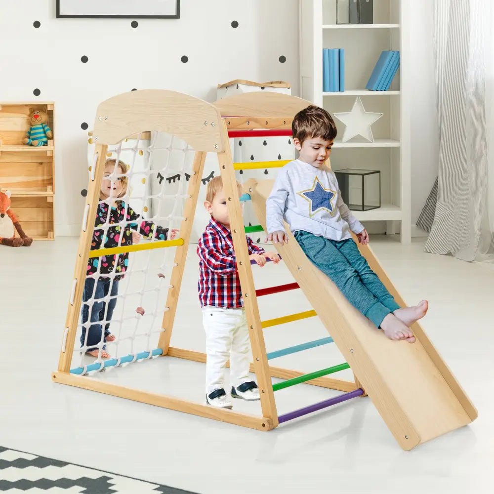 6-in-1 Jungle Gym Wooden Indoor Playground with Double-Sided Ramp and Monkey Bars-Multicolor - Multicolor - Climbers &