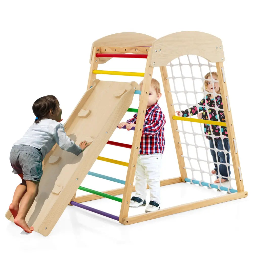 6-in-1 Jungle Gym Wooden Indoor Playground with Double-Sided Ramp and Monkey Bars-Multicolor - Multicolor - Climbers &