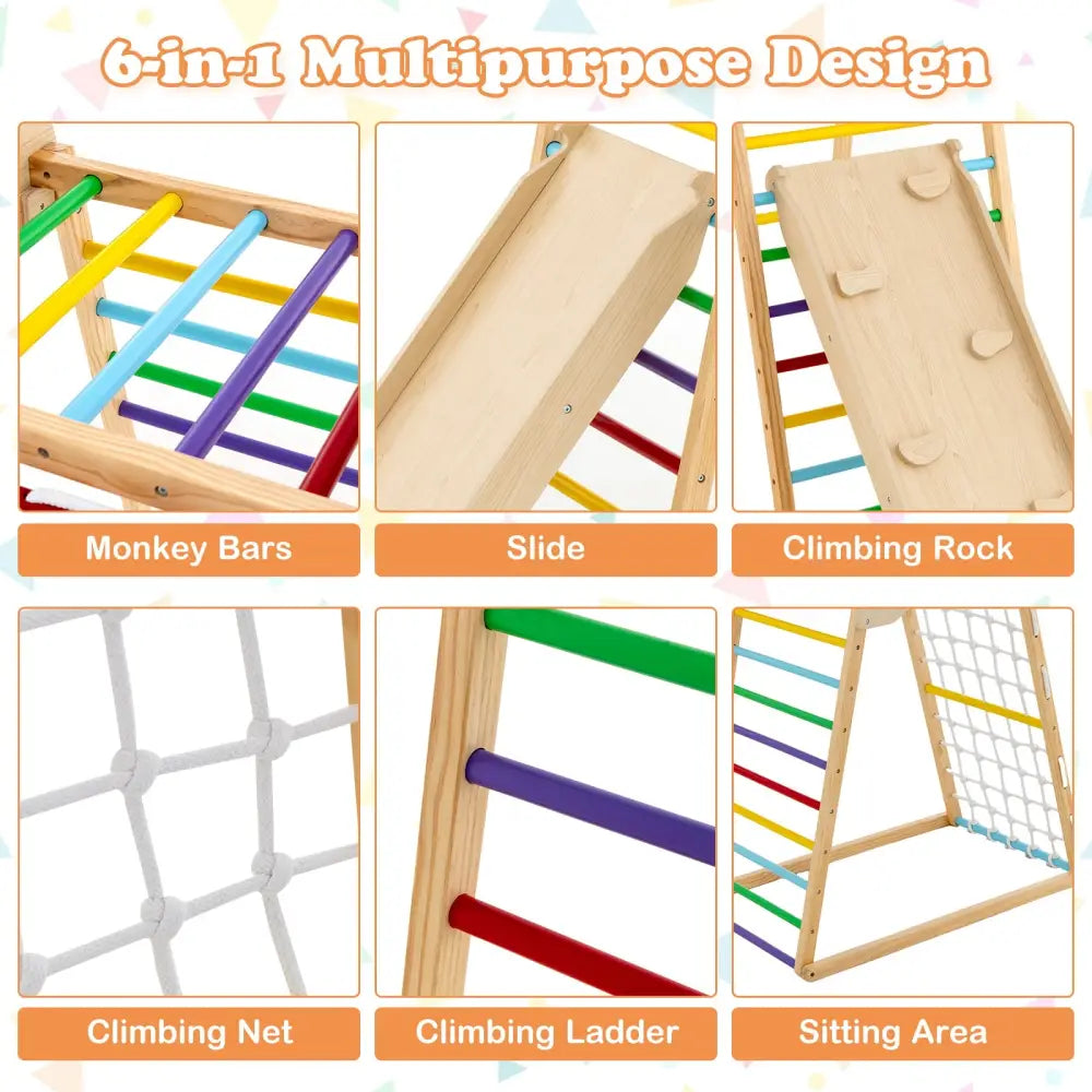 6-in-1 Jungle Gym Wooden Indoor Playground with Double-Sided Ramp and Monkey Bars-Multicolor - Multicolor - Climbers &