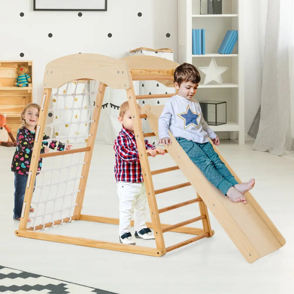 6-in-1 Jungle Gym Wooden Indoor Playground with Double-Sided Ramp and Monkey Bars-Natural - Natural - Climbers & Slides