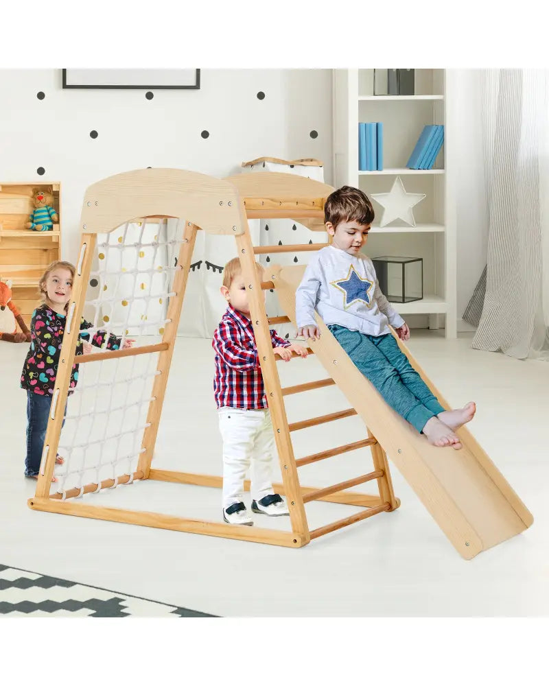 6-in-1 Jungle Gym Wooden Indoor Playground with Double-Sided Ramp and Monkey Bars-Natural - Natural - Climbers & Slides