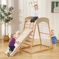 6-in-1 Jungle Gym Wooden Indoor Playground with Double-Sided Ramp and Monkey Bars-Natural - Natural - Climbers & Slides