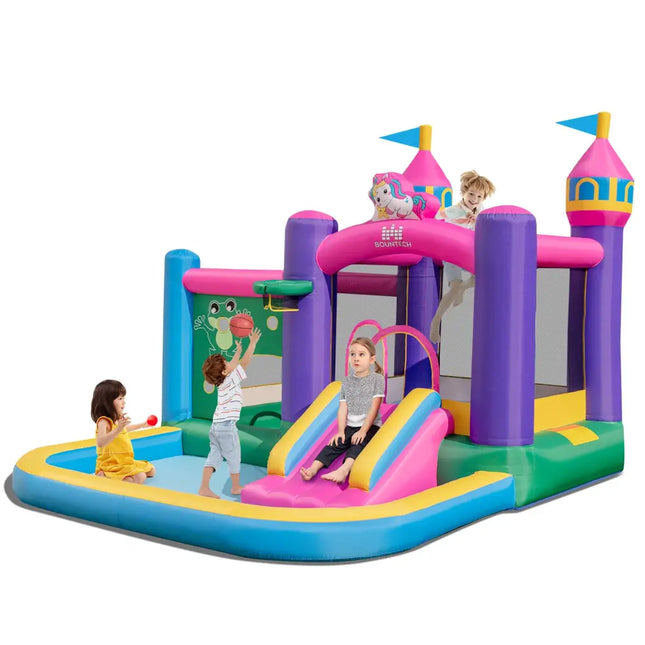 6-in-1 Kids Blow up Castle with Slide and Jumping Area and Ball Pit Pools without Blower - Purple - Bounce House