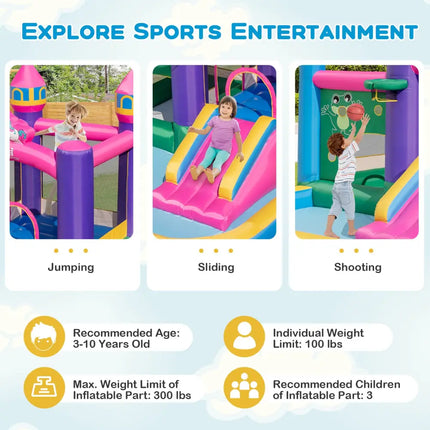 6-in-1 Kids Blow up Castle with Slide and Jumping Area and Ball Pit Pools without Blower - Purple - Bounce House
