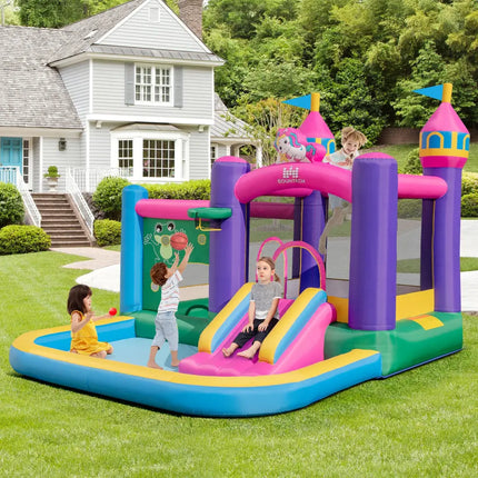 6-in-1 Kids Blow up Castle with Slide and Jumping Area and Ball Pit Pools without Blower - Purple - Bounce House