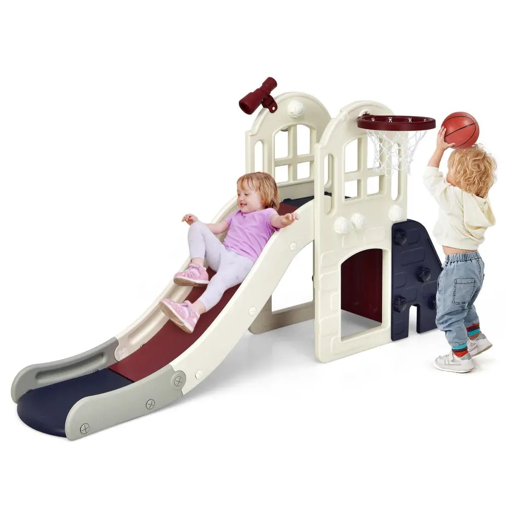 6-In-1 Large Slide for Kids Toddler Climber Slide Playset with Basketball Hoop-Blue - Blue - Climbers & Slides