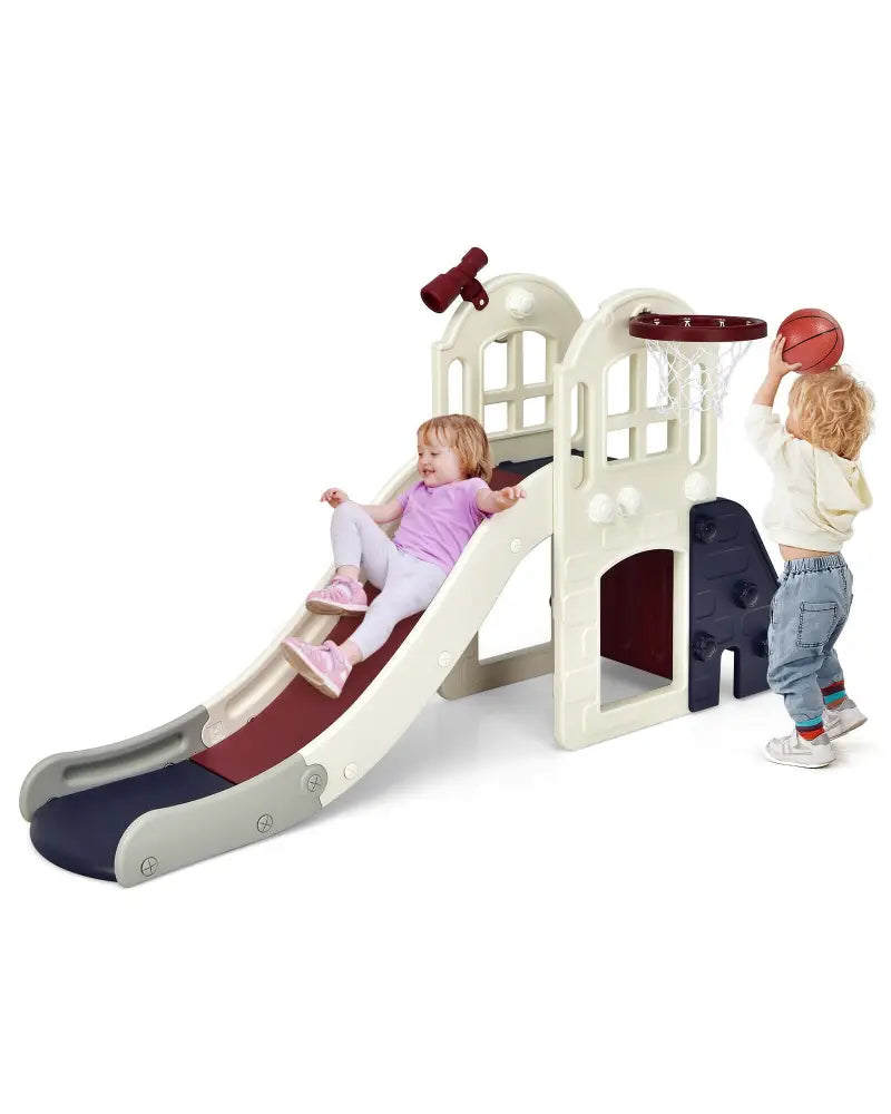 6-In-1 Large Slide for Kids Toddler Climber Slide Playset with Basketball Hoop-Blue - Blue - Climbers & Slides